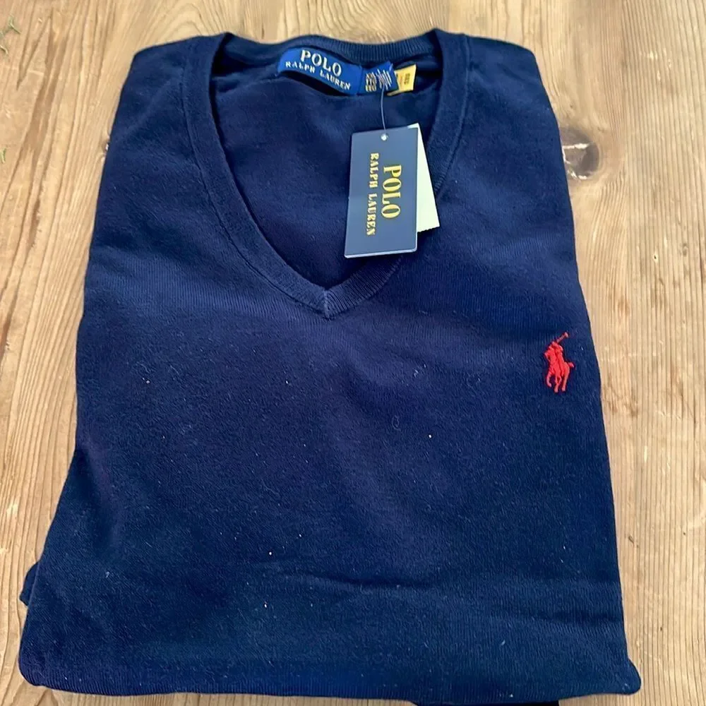 POLO RALPH LAUREN Men's Cotton V-Neck Sweater Navy NEW with tag XXL